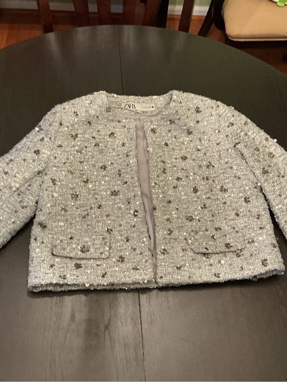 ZARA Light Gray Embellished Tweed Collarless Jacket
